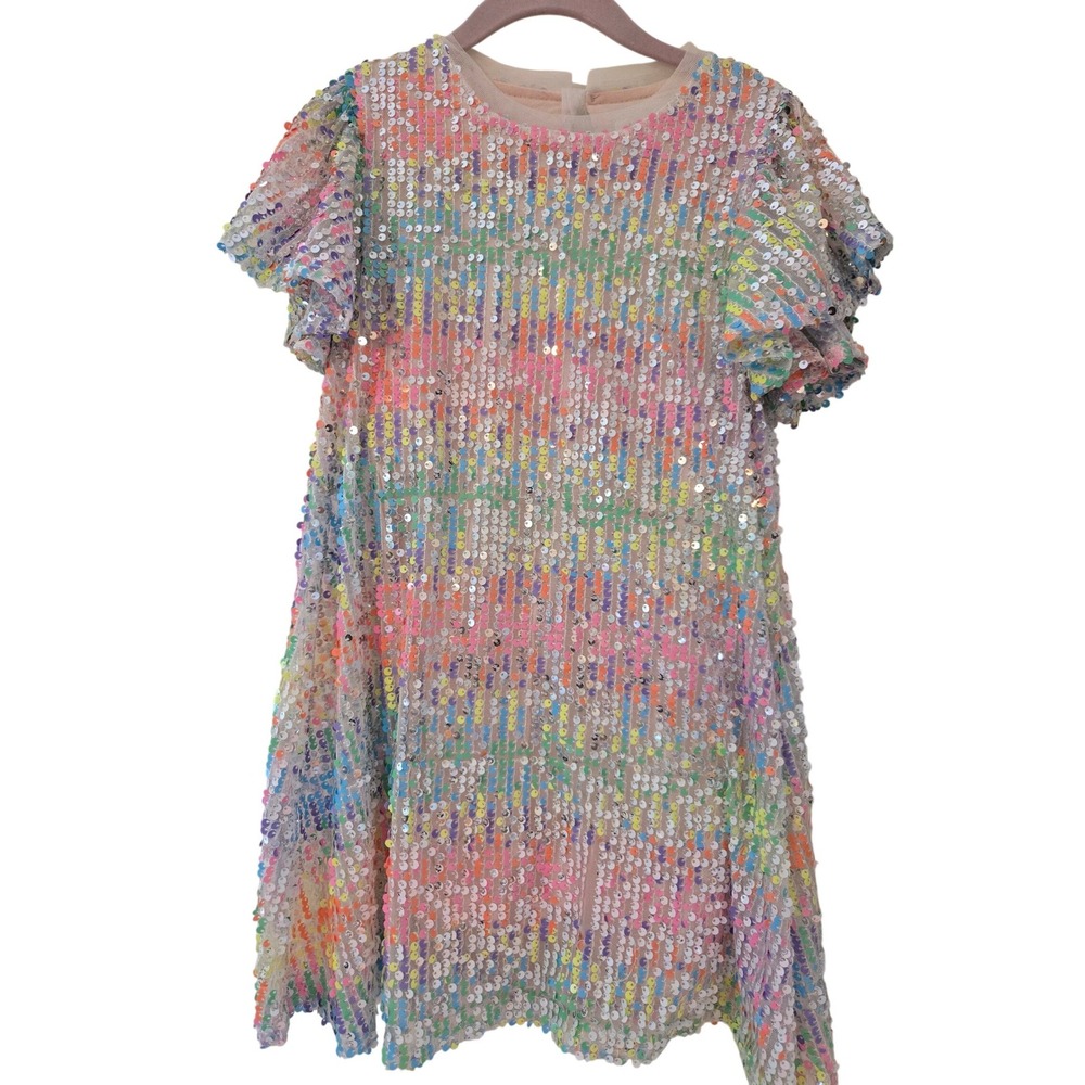 Next Kids Rainbow Sequin Flutter Sleeve Party Dress Size 6 Years U80-533-089